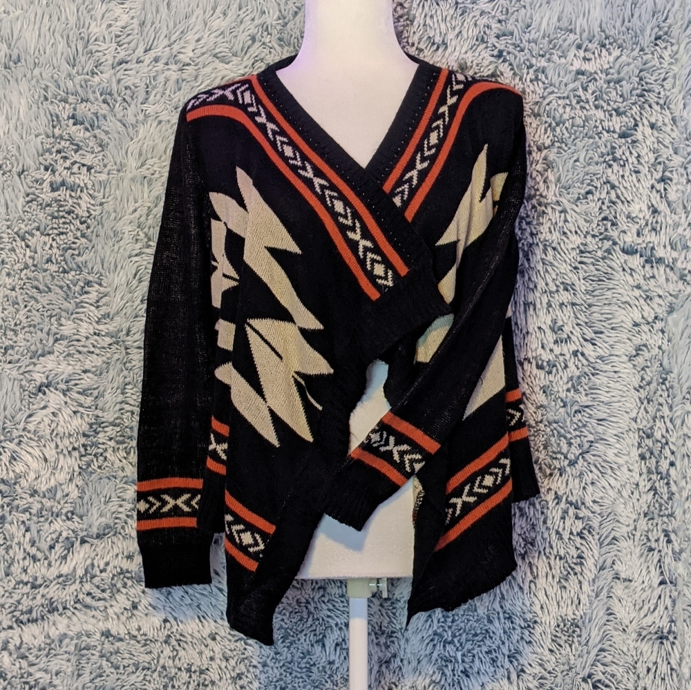 π 2/$30 Roly Poly β Women's Boho S / M Aztec Black Wrap Open Cardigan Sweater - Picture 4 of 8